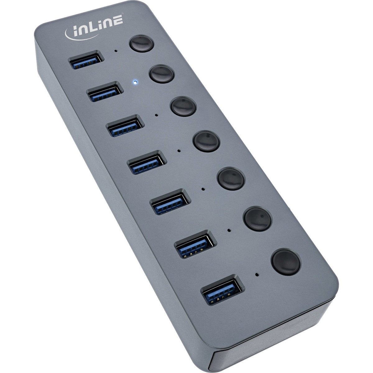 Hub Inline Usb 3.2 Gen.1, 7 Puertos, Con Interruptor, Aluminio, Gris, Con Fuente De Alimentación