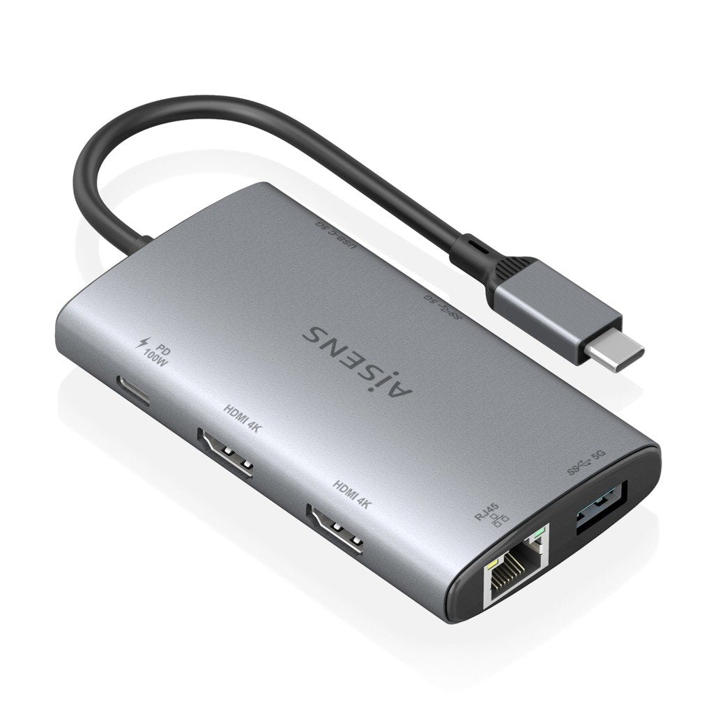 Aisens Usb-C Dock 7 En 1, Usb-C A 2xhdmi 4k, 1xrj45, 2xusb-A Usb3.0, 1xusb-C, 1xusb-C Pd100w, Gris, 20cm