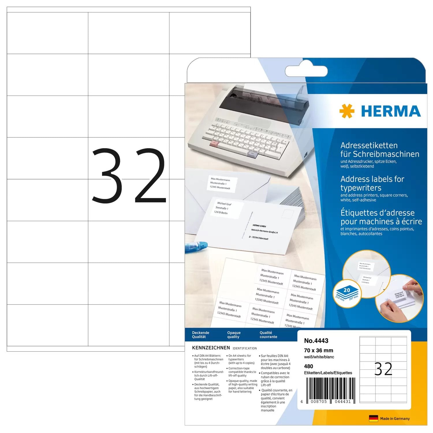 EAN 4008705044431 - HERMA 4443 etiqueta para dirección Blanco imagen 1