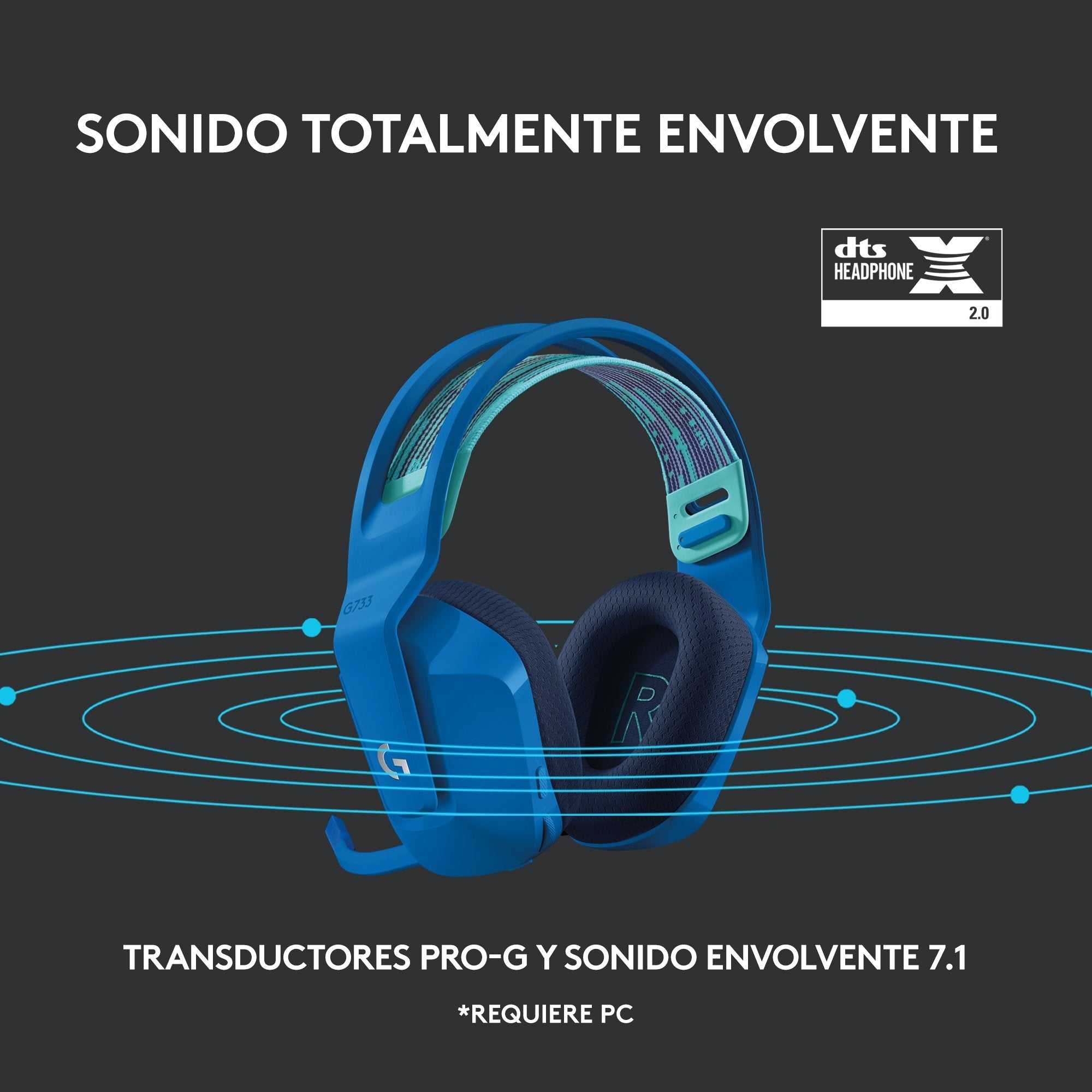 Logitech G733 Auriculares Gaming Inalambricos Dts 7.1 Con Microfono - Tecnologia Lightspeed - Iluminacion Rgb - Autonomia Hasta 29h - Microfono Extraible - Almohadillas Acolchadas - Controles En Auricular - Color Azul
