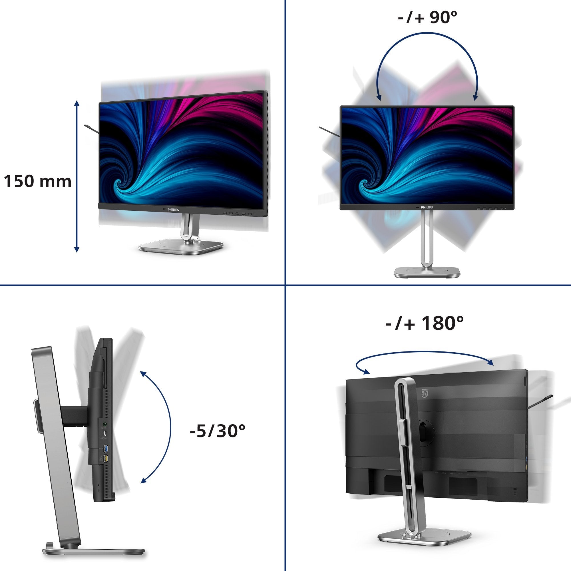 Philips 24b2u4301 4000 Series Monitor Led 24" (23.8" Visible) 1920 X 1080 Full Hd (1080p) @ 120 Hz Ips 300 Cd/M² 1500:1 4 Ms Hdmi Displayport Usb-C Altavoces Plata Carbón