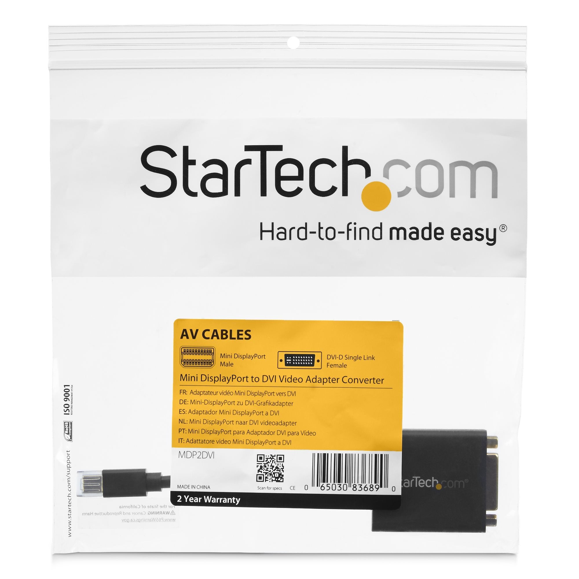 Startech Adaptador Conversor Mini Displayport A Dvi Pasivo 1920x1200 Mdp2dvi