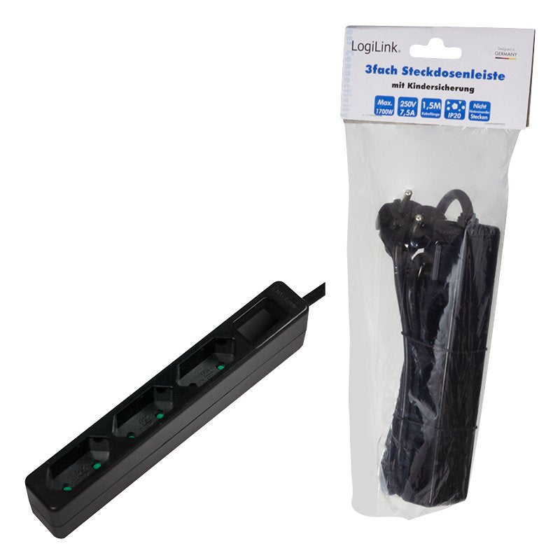 Logilink Lps229b - Regleta De 3 Enchufes (Enchufe Europeo), Color Negro