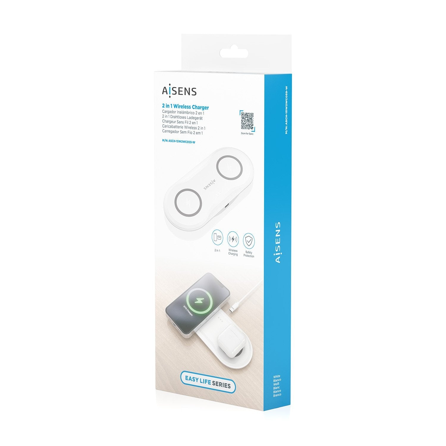 Aisens Cargador Inalambrico Usb-C 15w 2 En 1 Para Movil Auriculares, Blanco