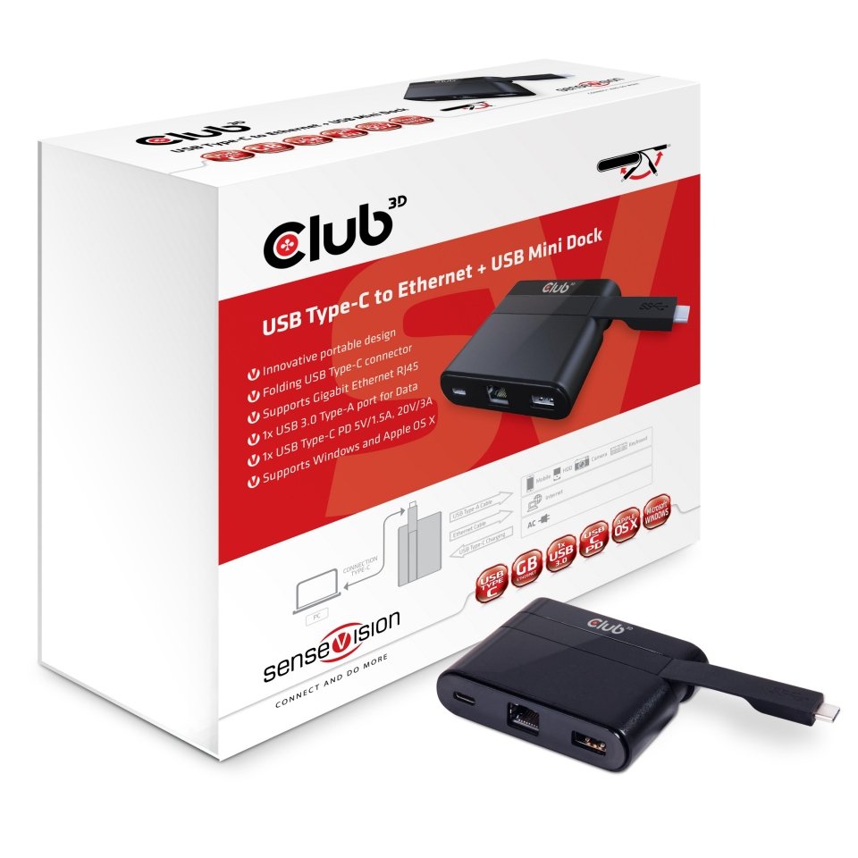 Club3d Usb Tipo-C Para Ethernet Y Usb 3.0 + Usb Type-C Charging Mini Dock