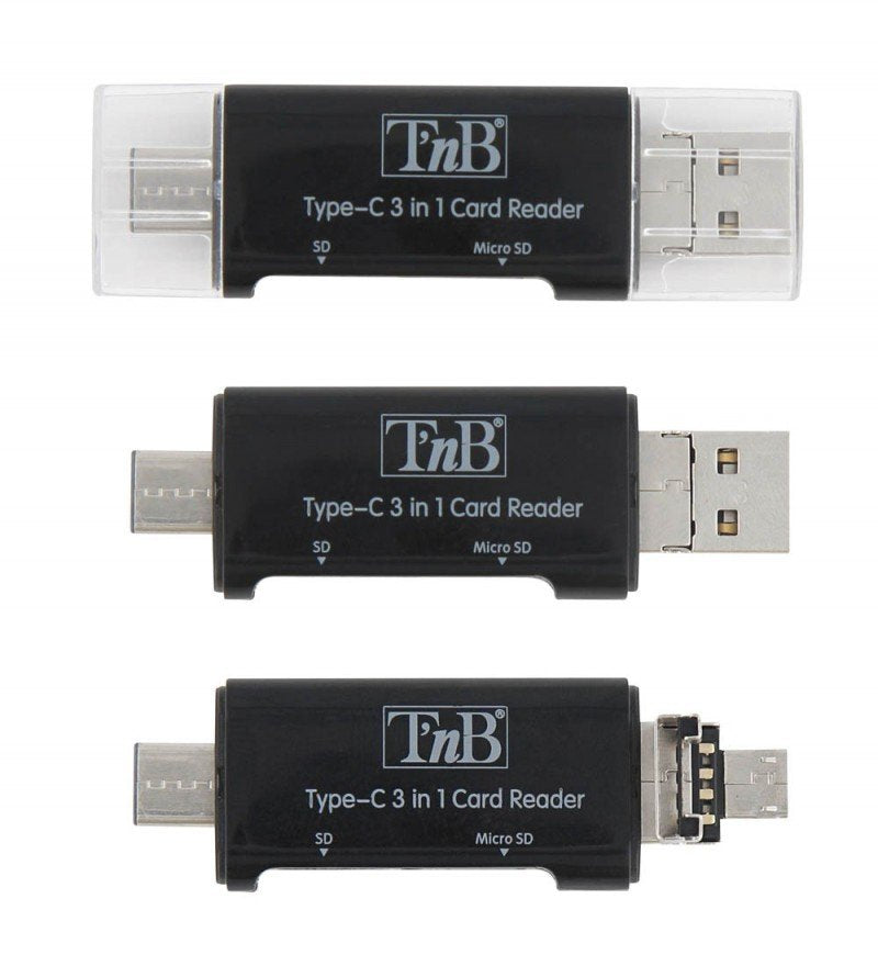 Tnb Lector De Tarjetas Sd Y Micro Sd 3 En 1 Pocket Memory Card Reader (Sd / Micro Sd) - Compatible With All Devices : Usb-C / Usb / Micro Usb - Black
