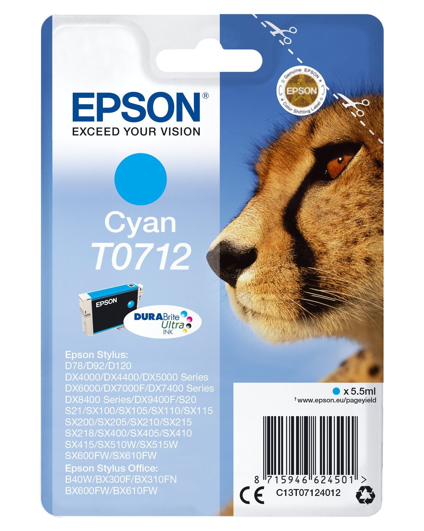 Tinta Original Epson T0712 5.5 Ml Cian Para Stylus Dx9400, Sx115, Sx210, Sx215, Sx218, Sx415, Sx515