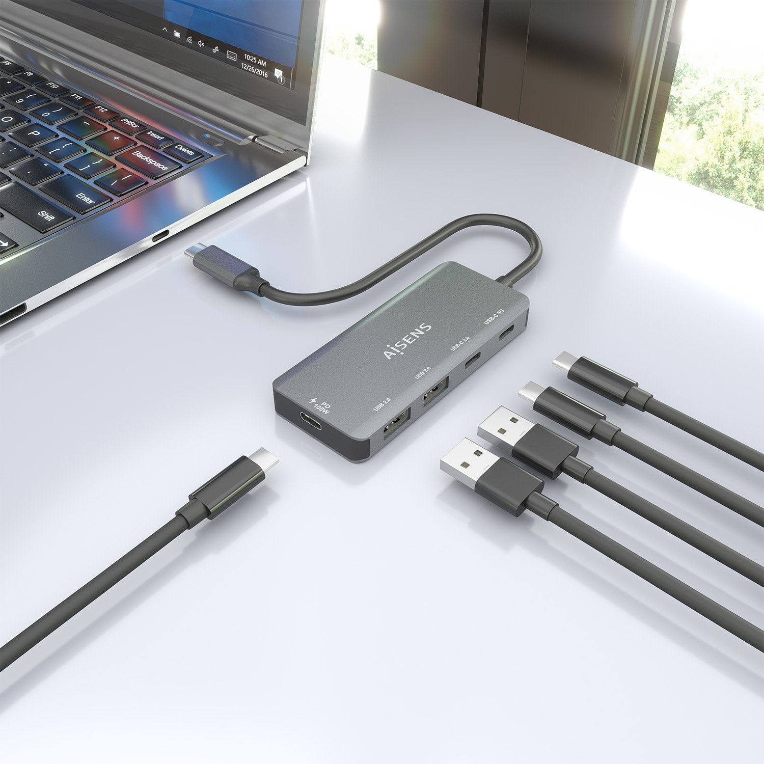 Aisens Hub Usb 3.1 Usb-C, Usb-C/M-1xusb-C Pd 100w+1xusb-C Usb3.0/H+1xusb-C Usb2.0/H+2xusb-A Usb2.0/H, Gris, 15cm