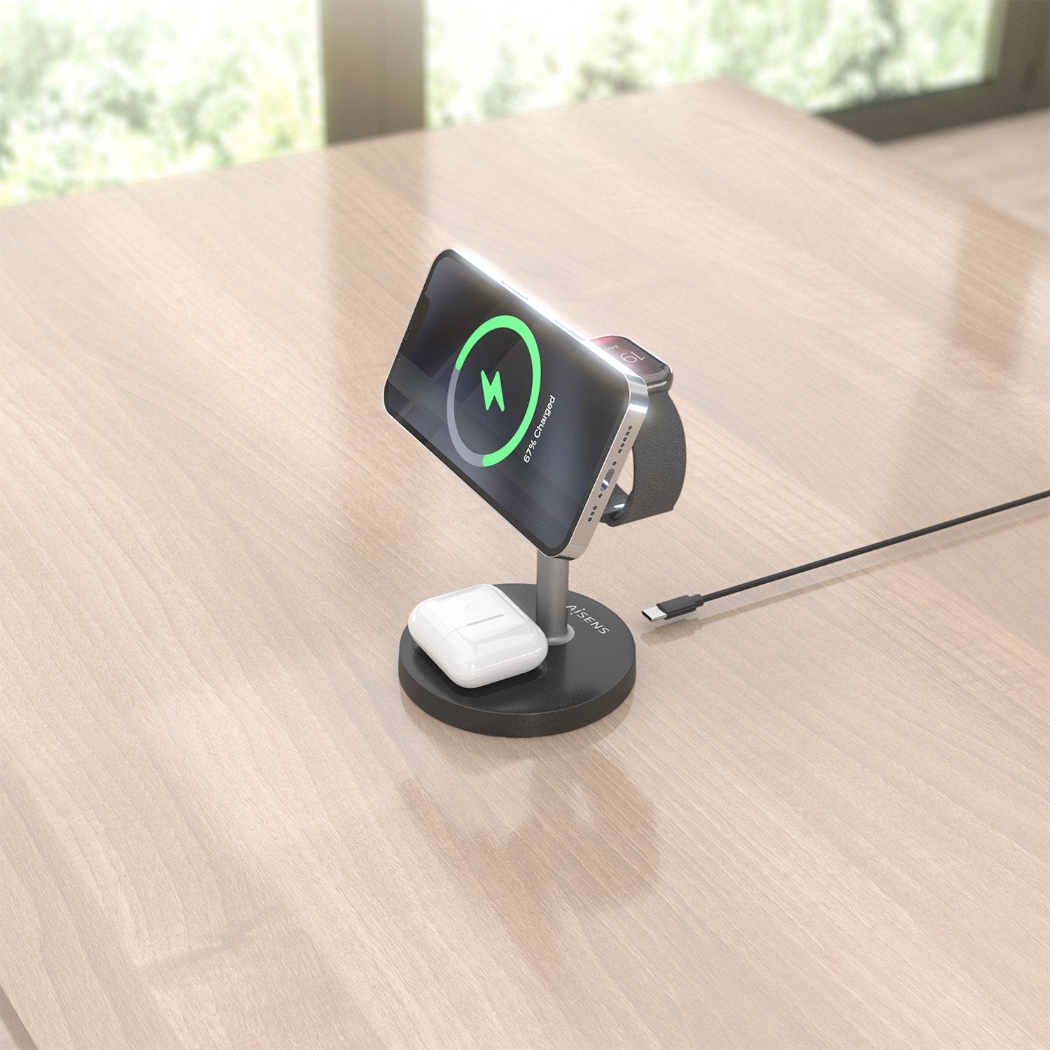 Aisens Cargador Inalambrico Usb-C 4 En 1 De 15w Para Movil, Apple Watch, Auriculares Con Estuche De Carga, Negro