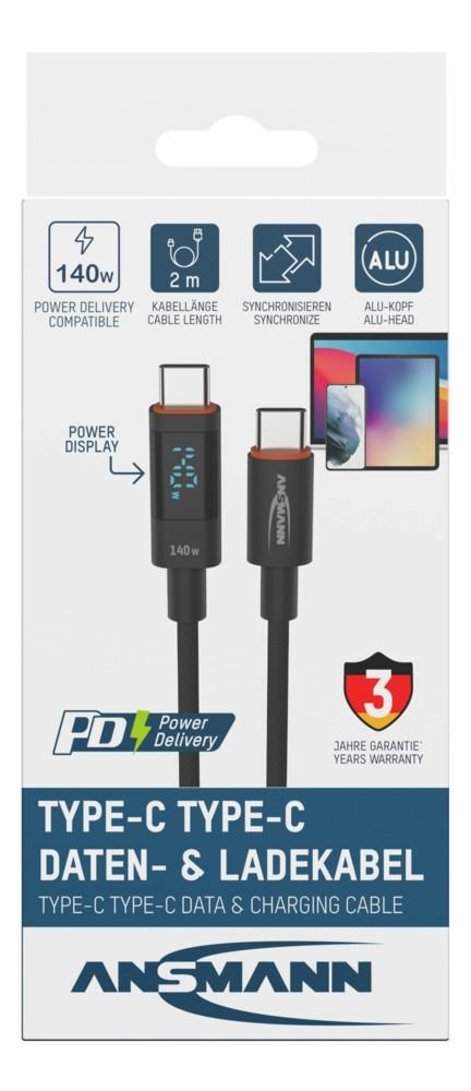 Cable Ansmann Usb 2.0 , Usb-C Stecker > Usb-C Stecker (Anthrazit, 2,0 Meter, Pd 3.1, Laden Mit Bis Zu 140 Watt, Gesleevt, Integriertes Led Display) 1700-0171