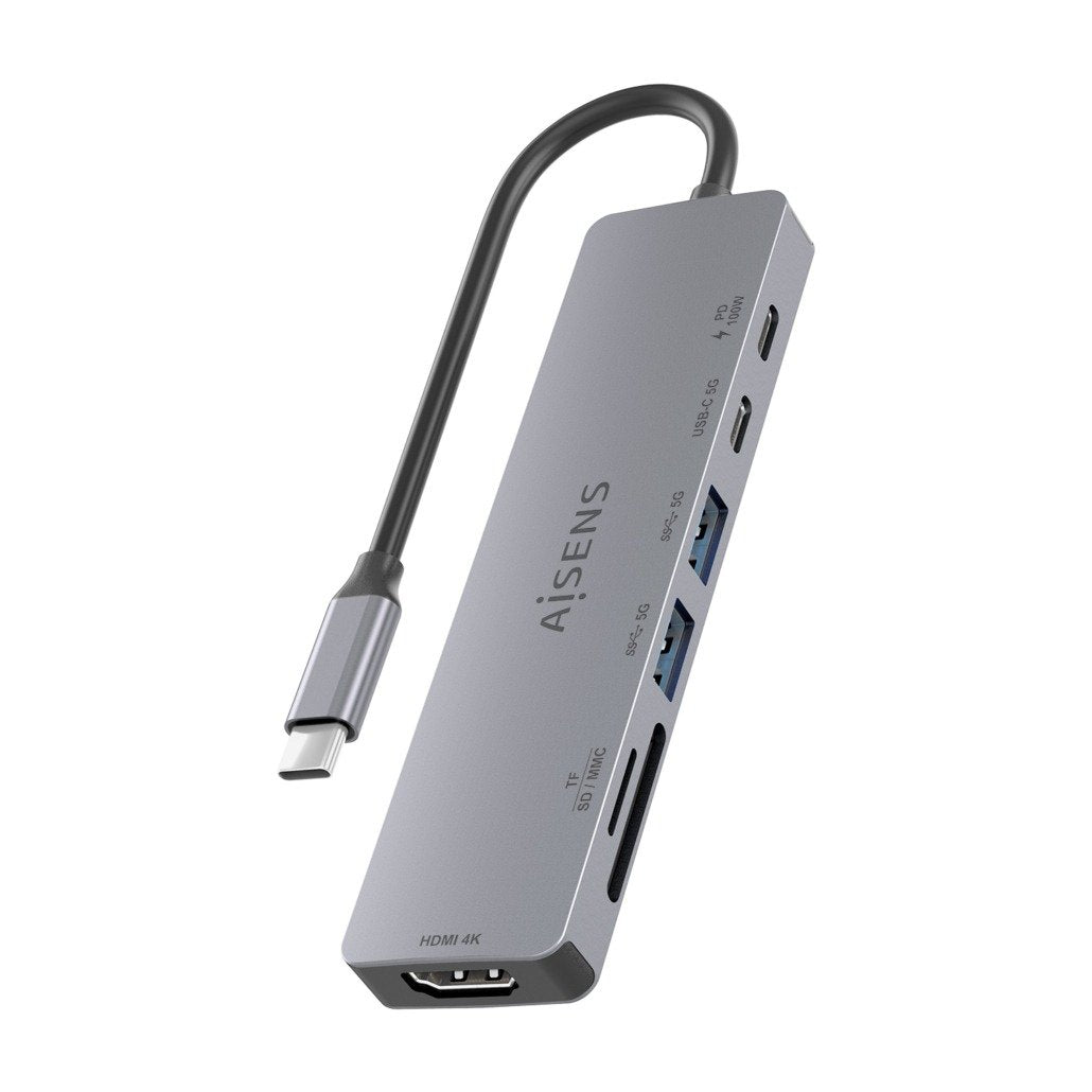 Aisens Usb-C Dock 7 En 1, Usb-C A 1xhdmi, 2xusb-A, 1xusb-C, 1xusb-C Pd 100w, 1xsd, 1xmicro Sd, Gris, 15cm