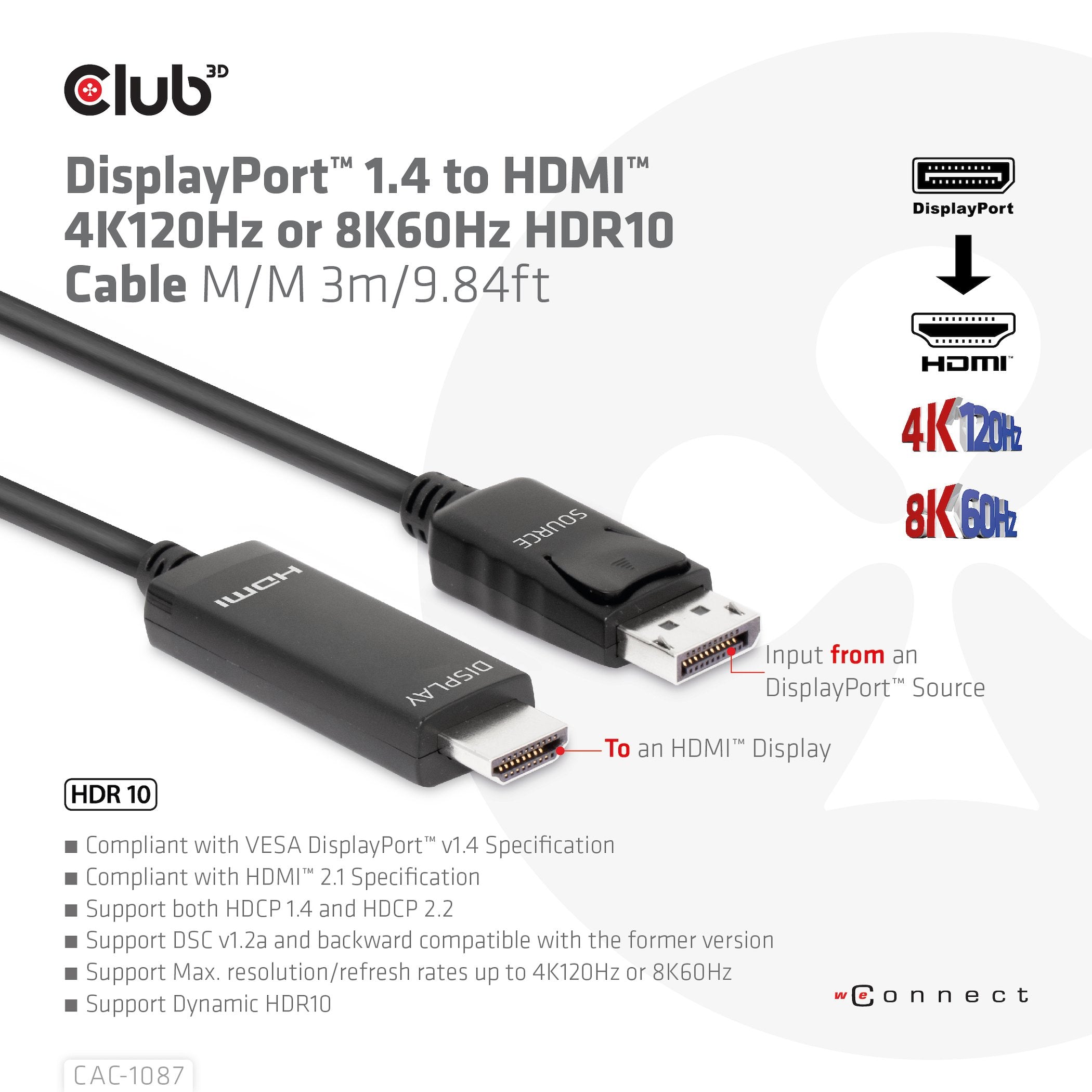 EAN 8719214472436 - CLUB3D CAC-1087 adaptador de cable de vídeo 3 m DisplayPort HDMI Negro imagen 3