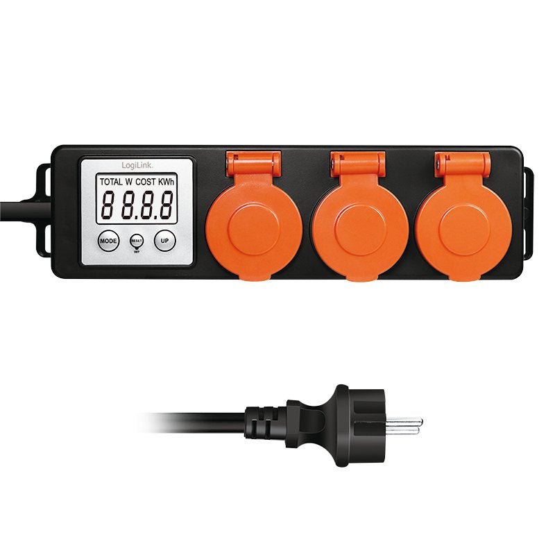 Regleta De Enchufes Exterior De 3 Vías, Medidor De Consumo Energético, Ip44, Pantalla Lcd De 2,0" Y Tapas Protectoras.