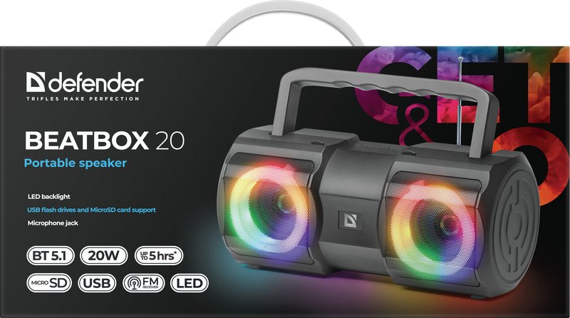 Altavoz Defender Beatbox 20 Bluetooth 20w Luz/Bt/Mic/Fm/Usb/Tf