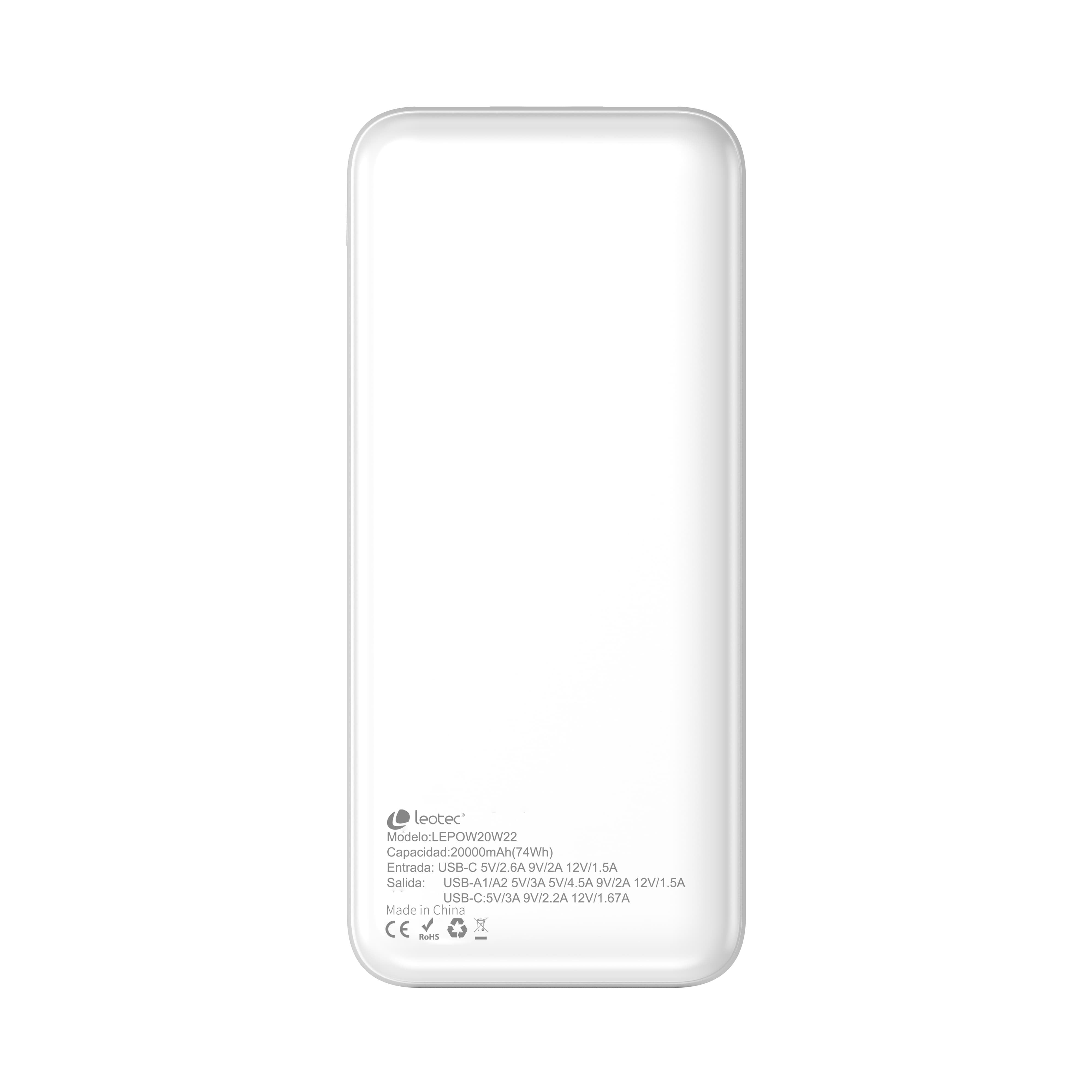 Leotec Powerbank 20000mah 22,5w Pd20w Blan (1 Usb-C+2usb-A Inc Usb-A A Usb-C)