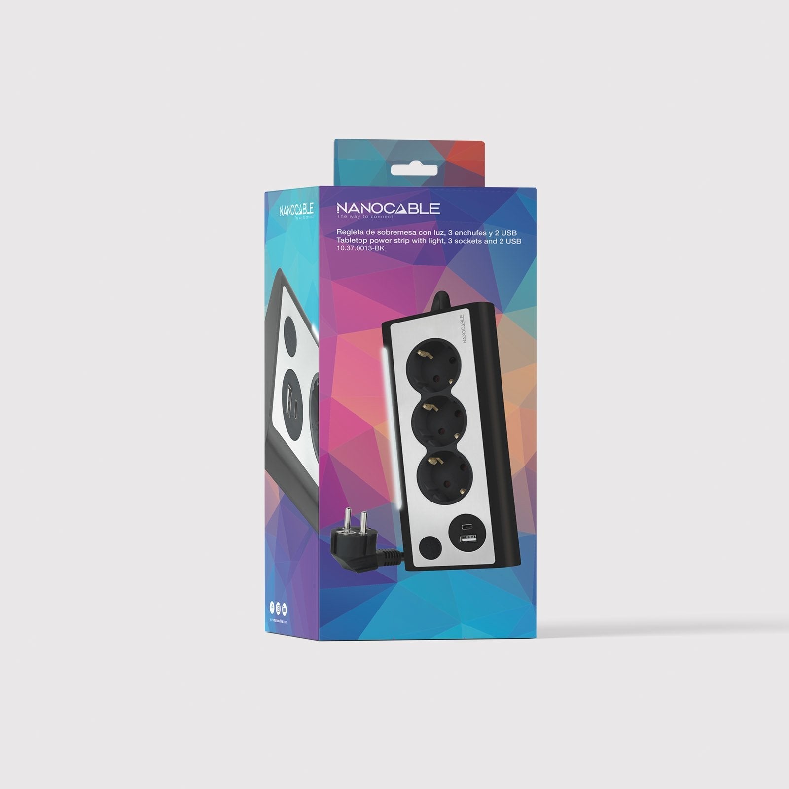 Nanocable Regleta De Sobremesa Con 3x Shuckos, 1x Usb-C Y 1x Usb-A - Iluminacion Led Con Interruptor - Cable De 1.50m