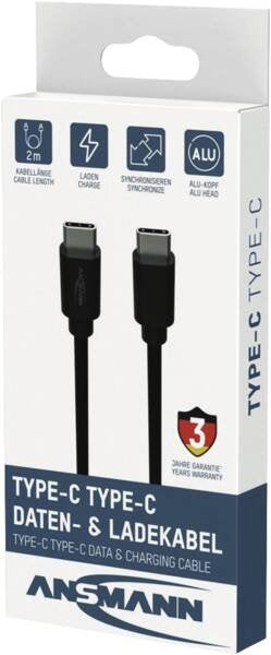 Ansmann Usb Typ-C Zu Typ-C Daten Und Ladecable (Negro, 2,0 Meter, Laden Mit Bis Zu 60 Watt) 1700-0208