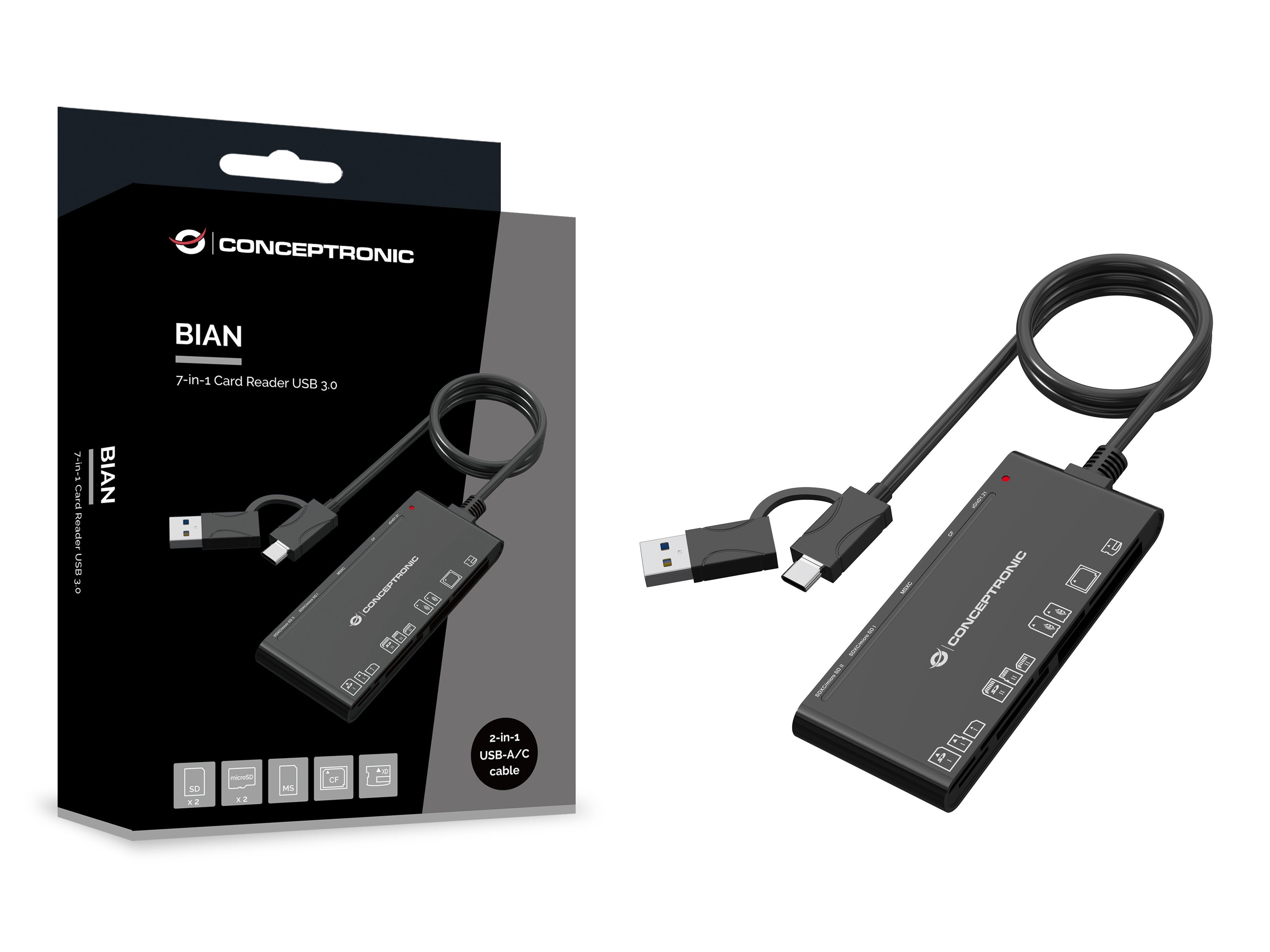 Card Reader Externo Concentronic Bian010b Usb-C Y Usb-A Sd, Sdhc, Sdxc, Micro Sd, Mmc,Ms, Cf, Xd