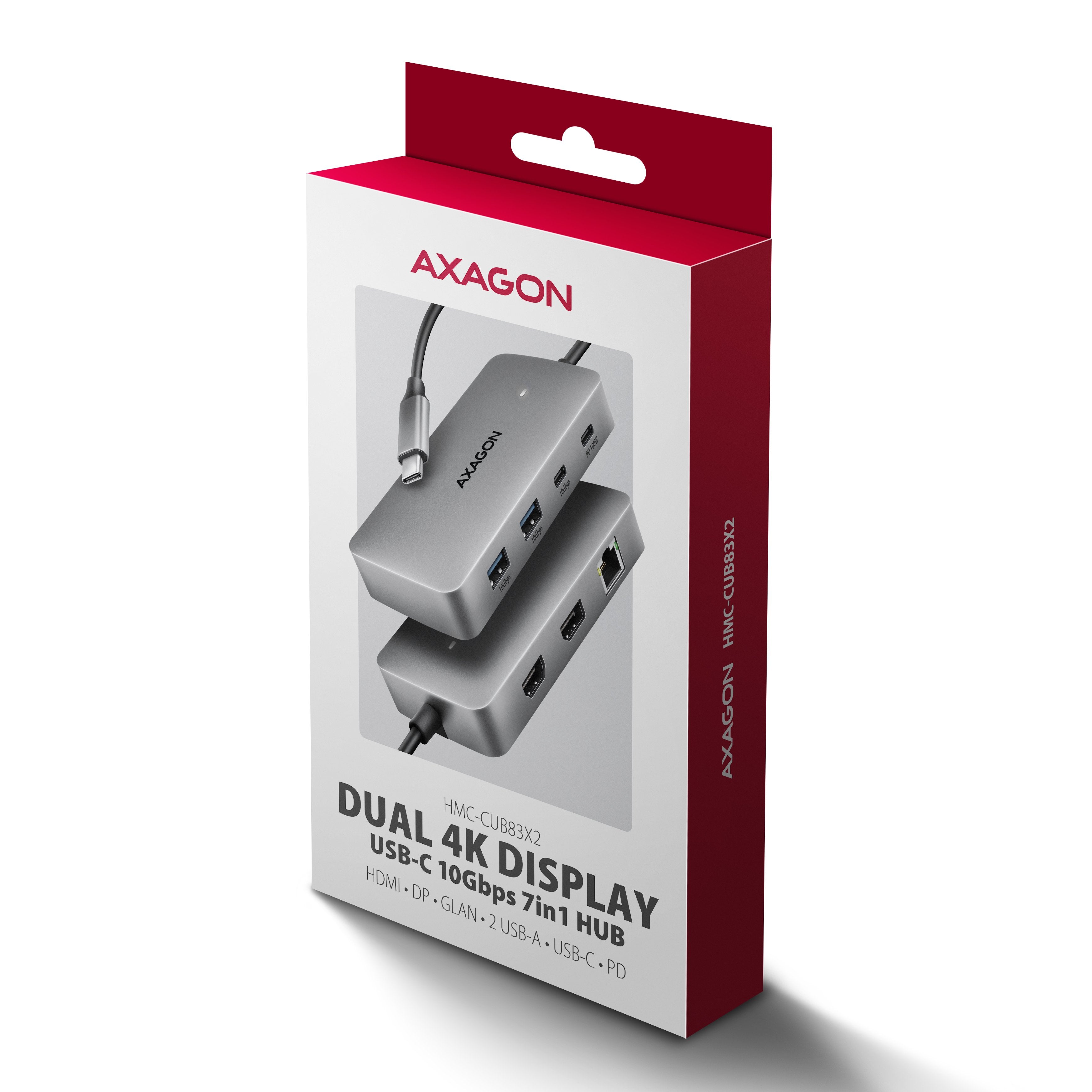 Hub Axagon Usb Hmc-Cub83x2, Usb 10gbps Hub, 2x Usb-A, Usb-C, Hdmi & Dp 4k/144hz, Rj-45 Glan, Pd 100w, Kabel Usb-C 15cm Alámbrico Usb 3.2 Gen 2 (3.1 Gen 2) Type-C Gris