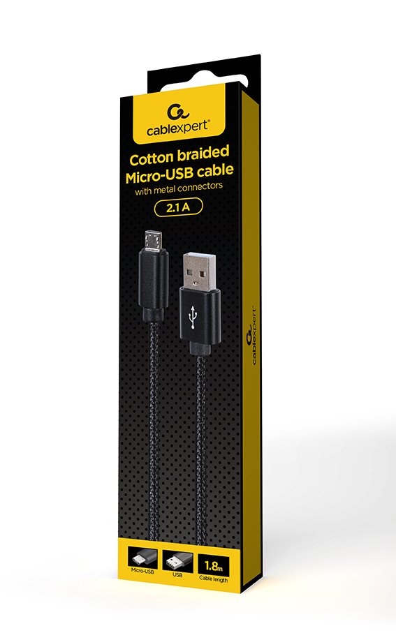Gembird Cable Micro-Usb Trenzado De Algodón Con Conectores Metálicos, 1,8 M, Negro Ccdb-Musb2b-Ambm-6