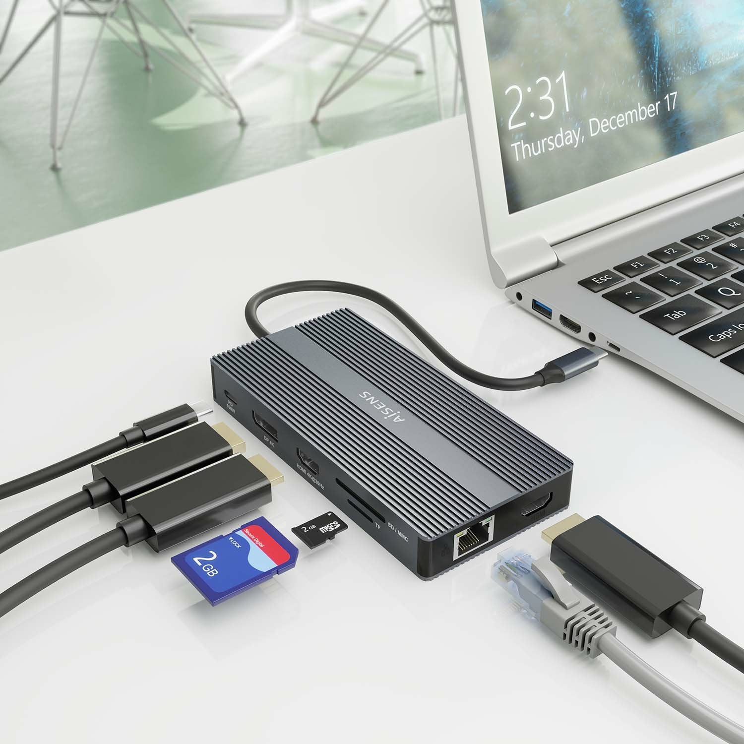 Dock Aisens 12 En 1 Usb-C A 2xhdmi Dp Rj45 4xusb-A Usb-C Usb-C Pd 20cm