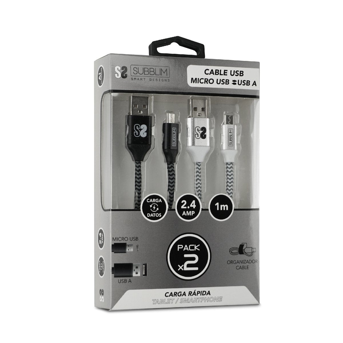 EAN 8436586740627 - SUBBLIM PACK 2 CABLES USB A MICRO USB (2.4A) 1M BLACK/SILVER cable USB Micro-USB A Aluminio, Negro, Gris, imagen 5