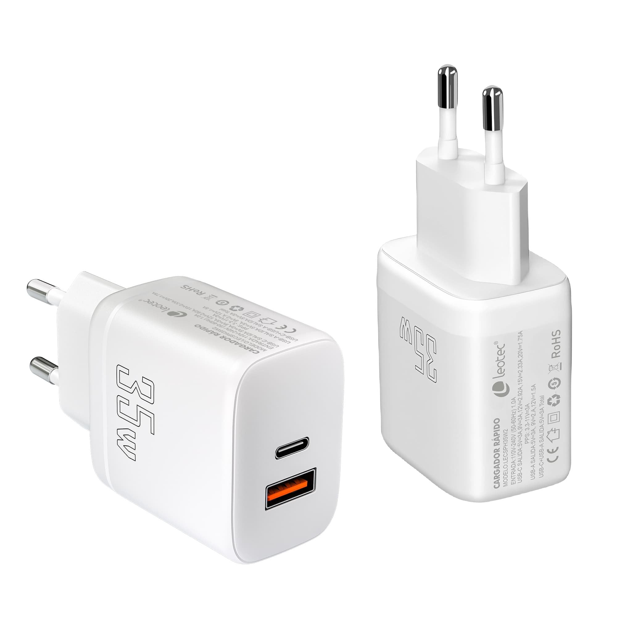 Leotec Cargador Para Smartphone 35w Con Puertos Usb-C Pd 3.0 Y Usb-A - Proteccion Contra Sobrecorriente Y Cortocircuito