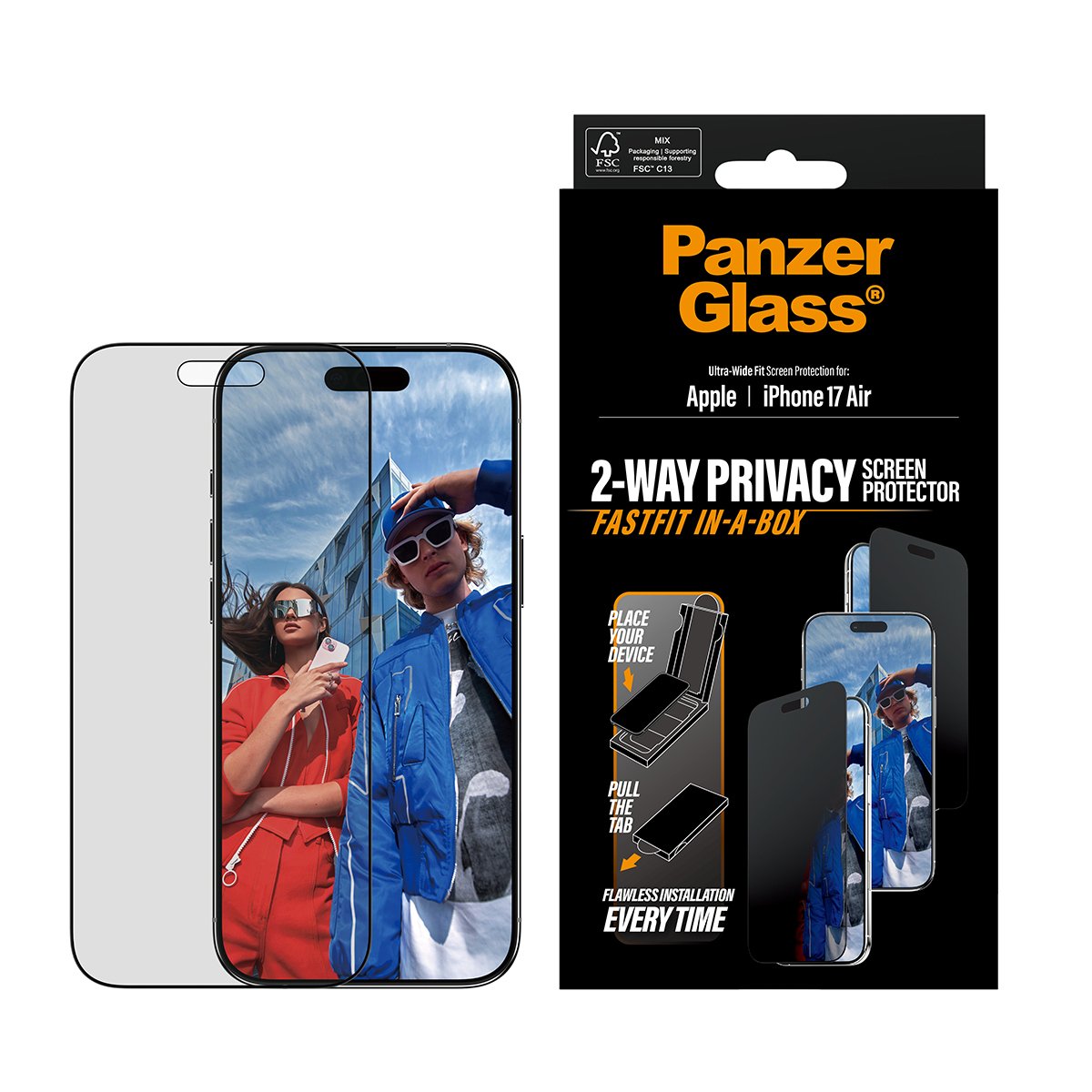 EAN 5715685030505 - PanzerGlass ® Privacy Screen Protector w. Black Frame iPhone 17 Air | Ultra-Wide Fit w. Fastfit in-a-box imagen 2