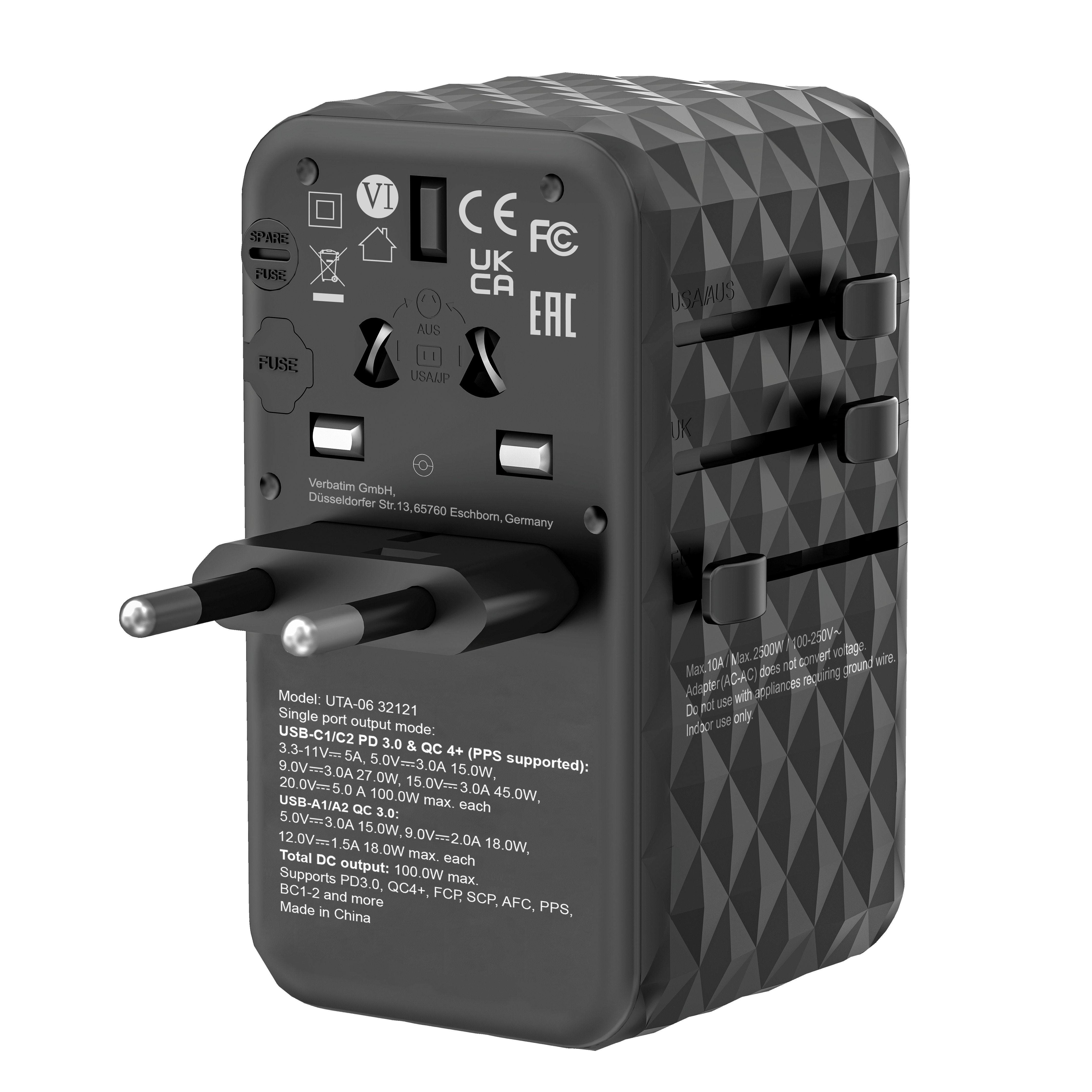 Cargador De Pared Universal Verbatim Uta-06 Gan Iii Toma De Corriente Universal 2xusb Tipo-C 2xusb 100w