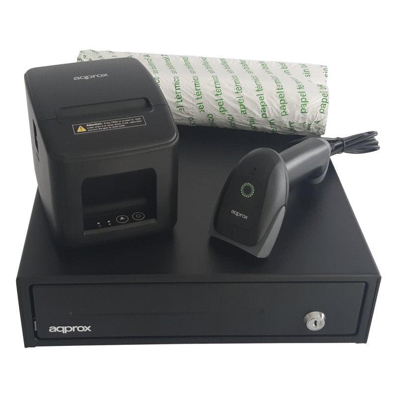 Kit Tpv Approx Cajon Portamonedas Appcash33 Negro + Lector/Scanner Appls22 + Impresora Termica Apppos80am-Usb + Pack Rollos Papel Cyt8060bpa