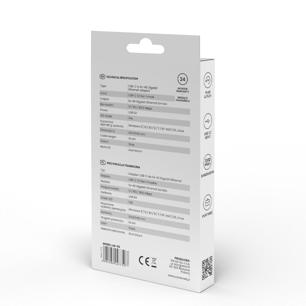 EAN 5901986047759 - Savio AK-56 Adapter USB-C 3.1 GEN 1 do RJ-45 Gigabit Ethernet USB Tipo C 1000 Mbit/s imagen 7