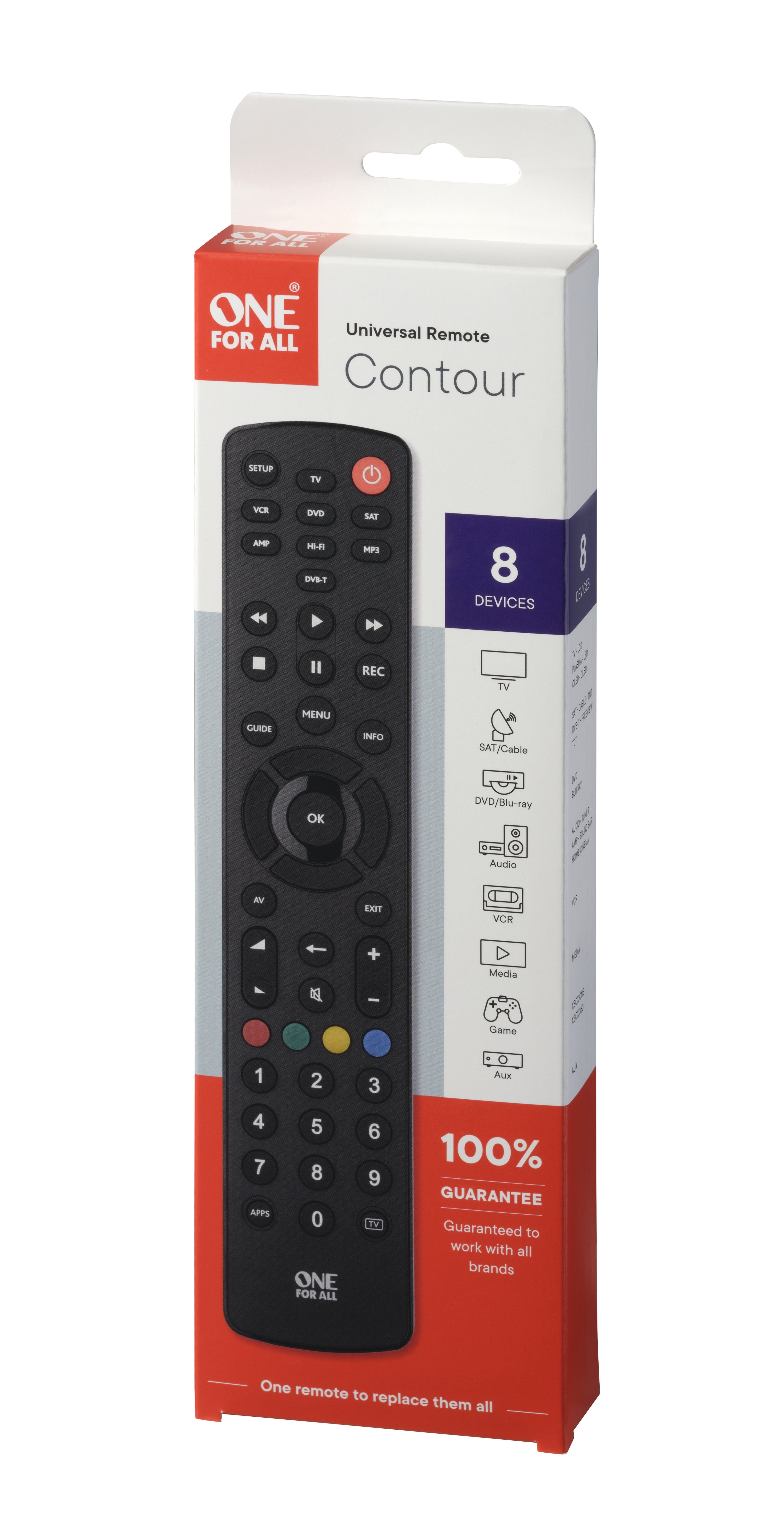 One For All Contour 8 Mando A Distancia Cable, Dtt, Dvd/Blu-Ray, Consola De Juegos, Sistema De Cine En Casa, Iptv, Sat, Tnt, Tv, Vcr Botones