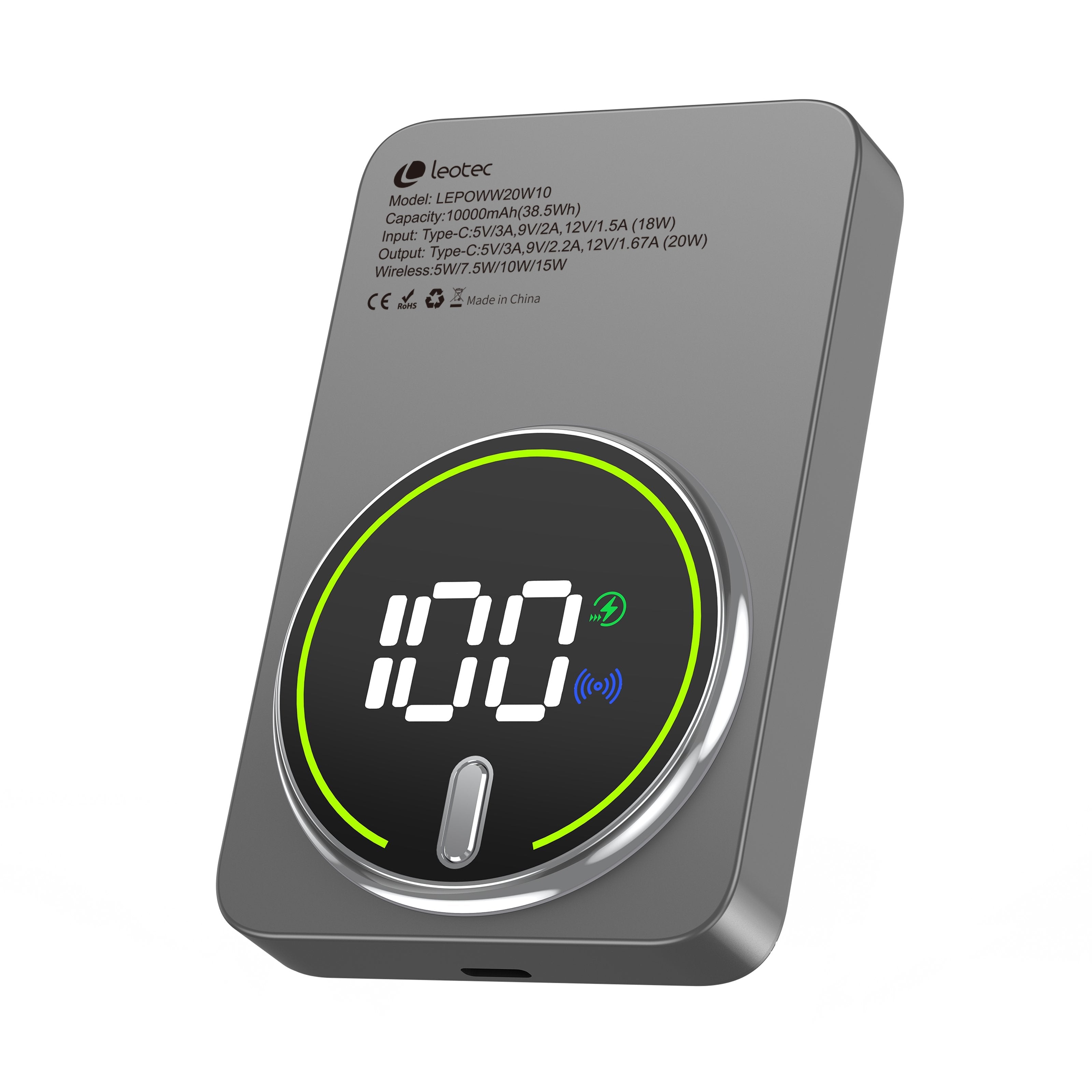 Powerbank 10000mah Leotec Lepoww20w10g 20w Wireless Gris Incluye Cable Usb Tipo-C