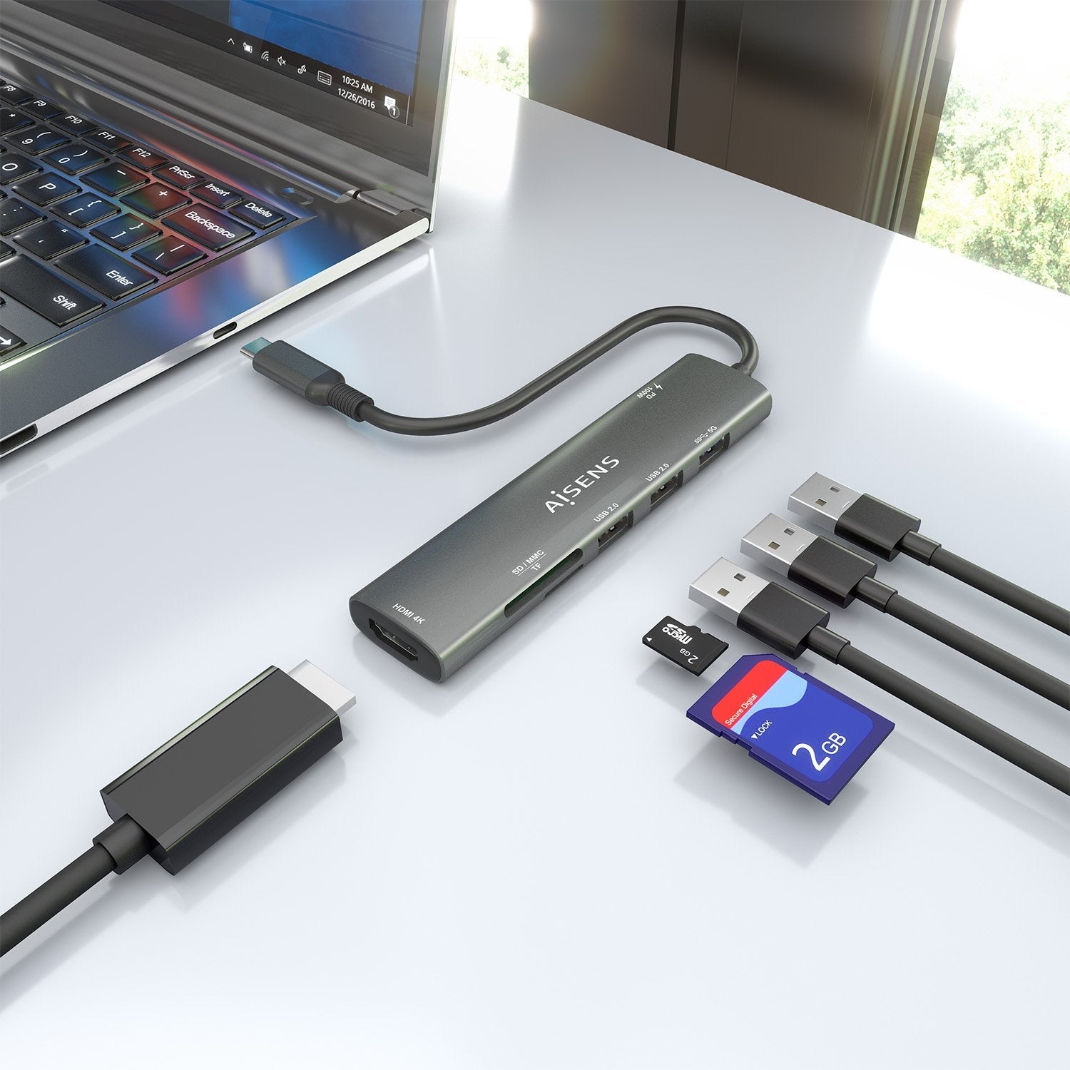 Aisens Usb-C Dock 7 En 1, Usb-C A 1xhdmi, 2xusb-A Usb2.0, 1xusb-A Usb3.0, 1xusb-C Pd 100w, 1xsd, 1xmicro Sd, Gris, 15cm