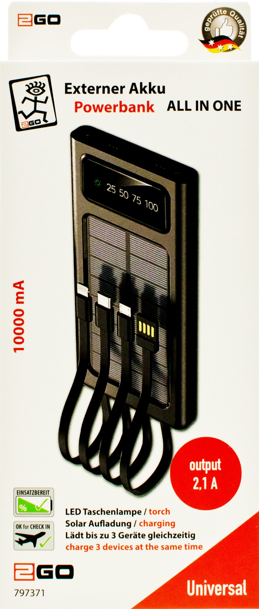 2go Powerbank Solar 10000mah Negro Con Linterna Led