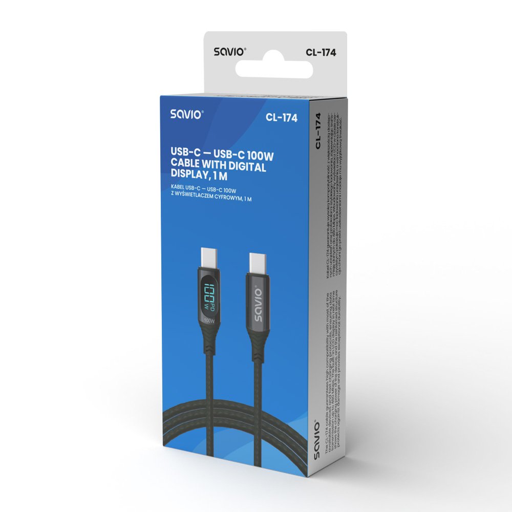 EAN 5901986047803 - Savio USB-C - USB-C cable with display CL-174 1 m black cable USB USB 3.2 Gen 1 (3.1 Gen 1) USB C Negro imagen 3