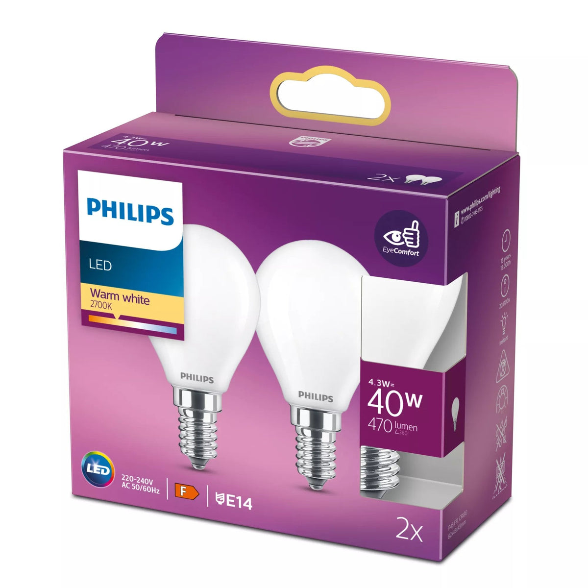 Philips Lámpara Led - Form: P45 - Mate Finish - E14 - 4.3 W (Equivalente 40 W)