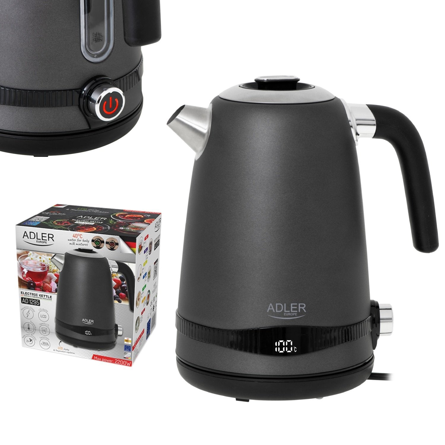 EAN 5905575902948 - Adler AD 1295G tetera eléctrica 1,7 L 2200 W Negro, Acero inoxidable, Gris imagen 7