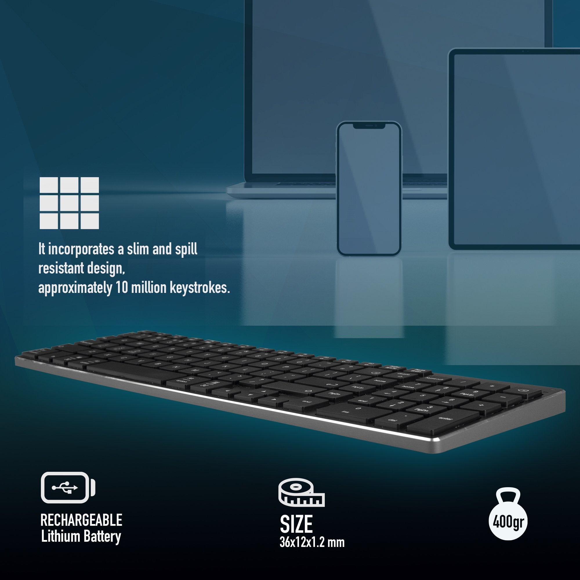 Ngs Fortune-Bt Teclado Multidispositivo Inalambrico Usb Bluetooth - Portugues - Silencioso - Teclas X-Type - Bateria