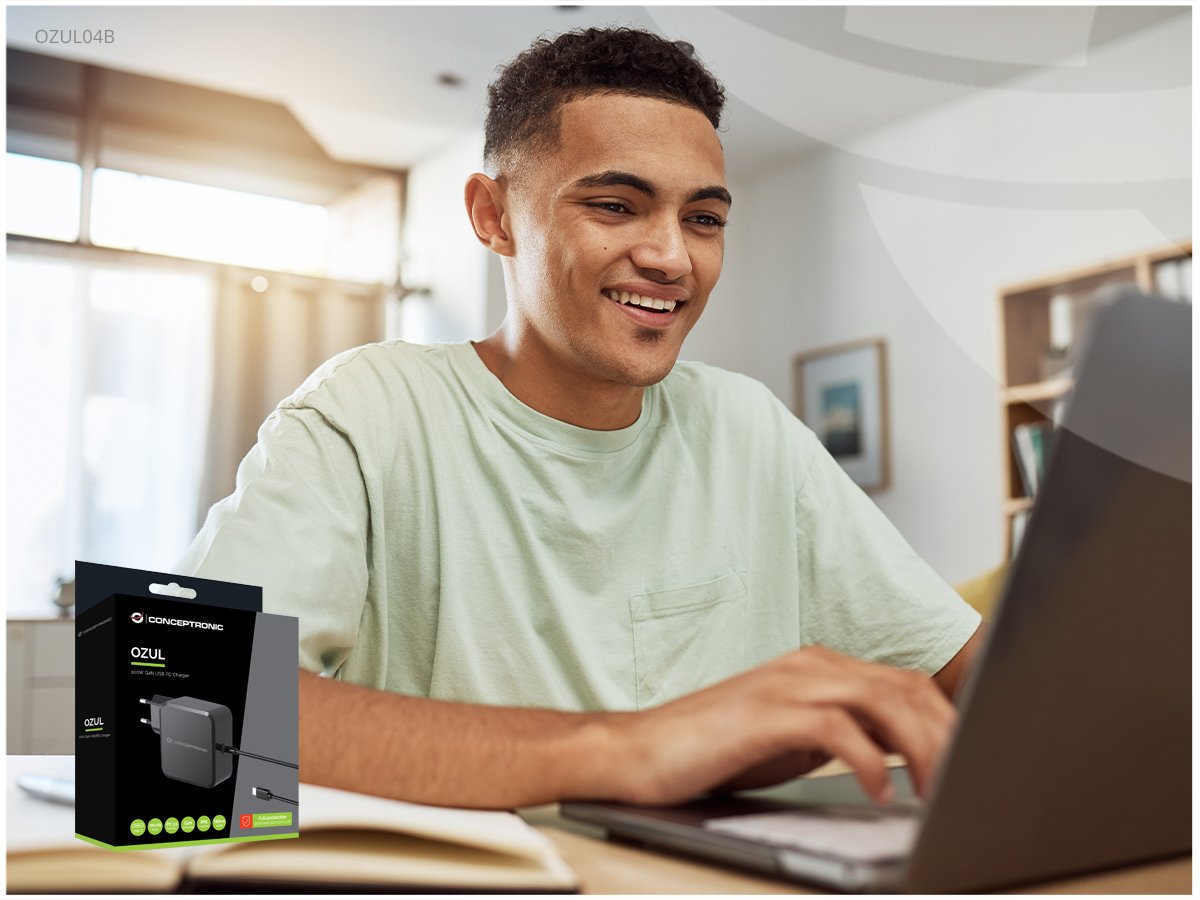 Cargador De Pared Conceptronic Ozul05be 100w Gan Pd Cable Usb-C Incorporado