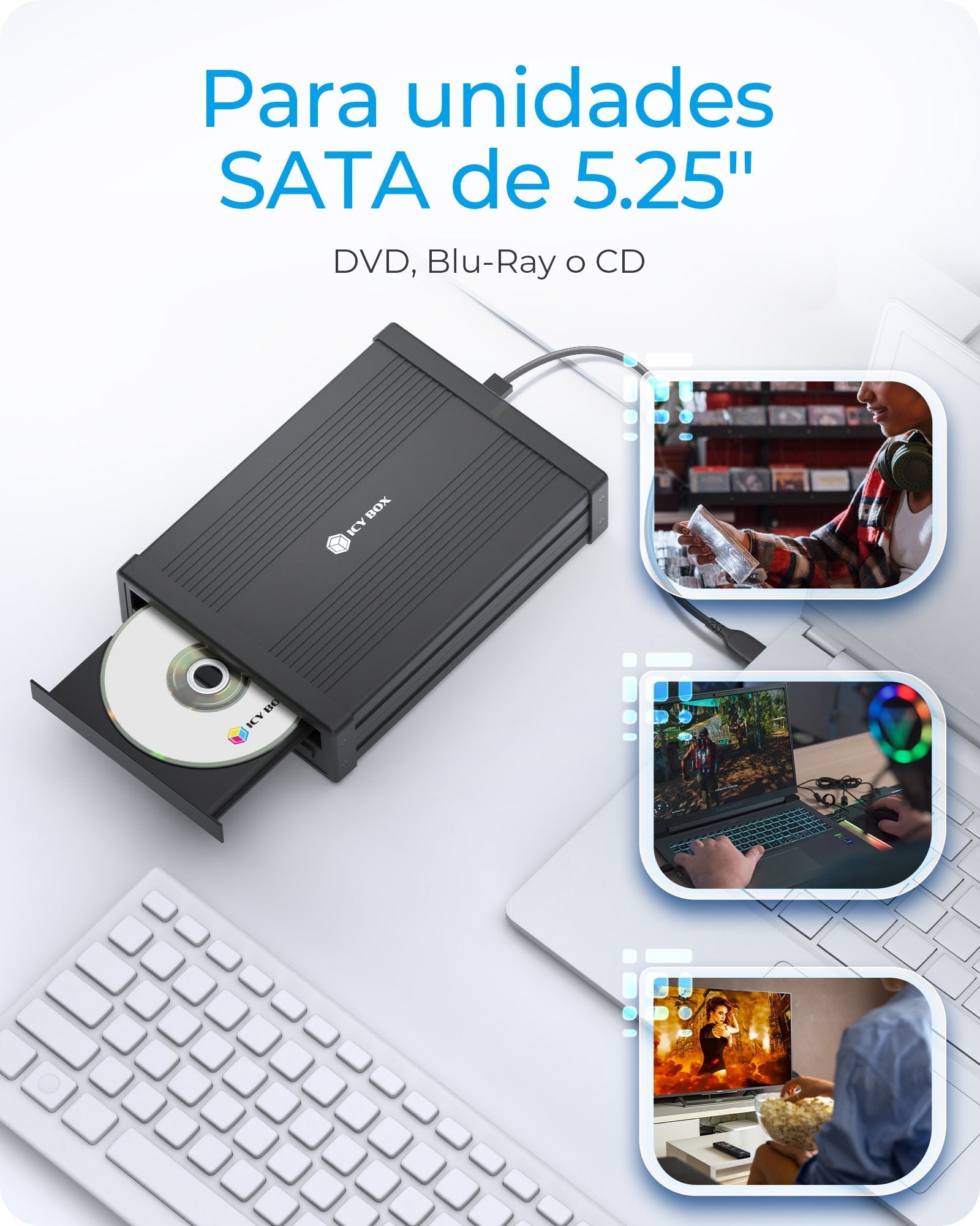 Caja Externa Icy Box 5,25'' Sata Ib-525-U3,Usb3.2 Type-C/A, Negro