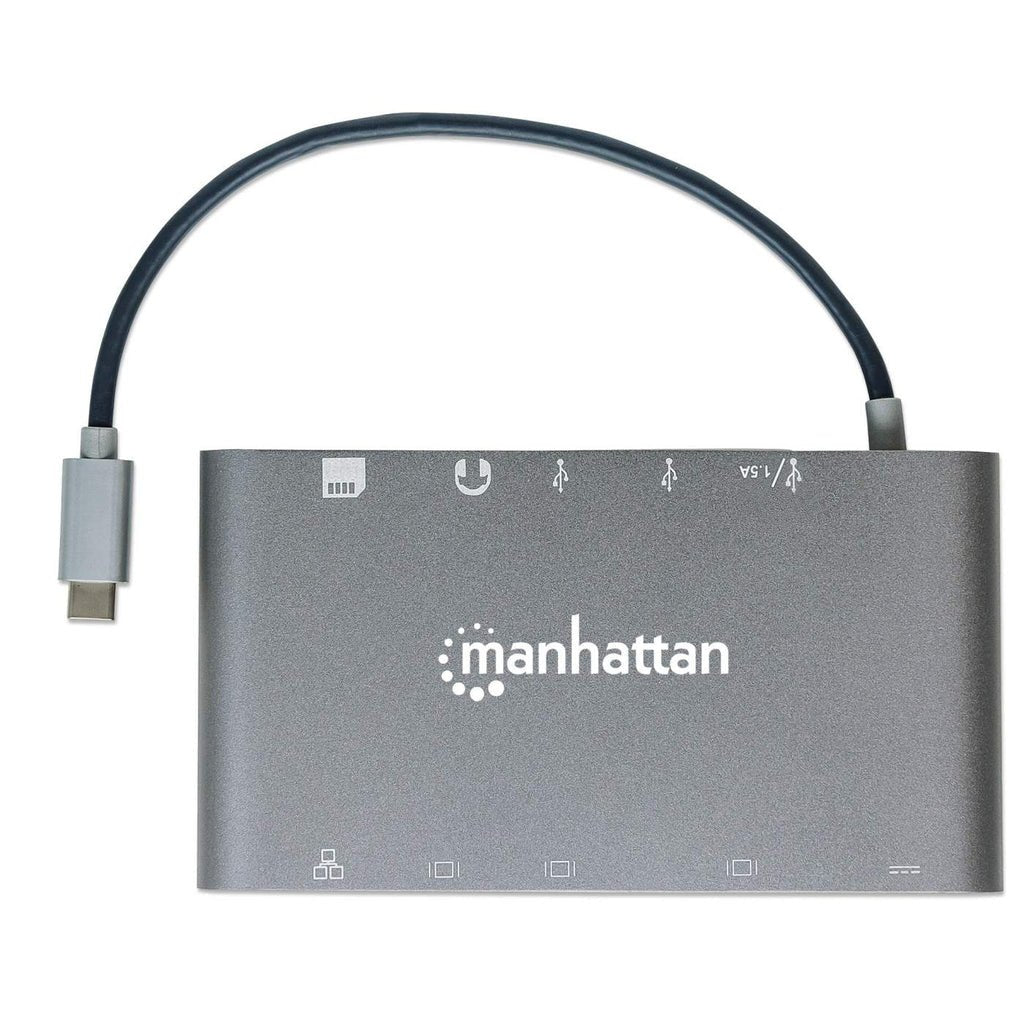 Manhattan Estación Docking Usb-C 7 En 1 Usb 3.1 Tipo-C Macho A Hdmi, Mini Dp O Vga, 3 Usb 3.0 Tipo-A,1 Usb-C Pd, Gigabit Rj45, Lector Tarjetas Sd Y Audio De 3.5 Mm, Aluminio, Gris