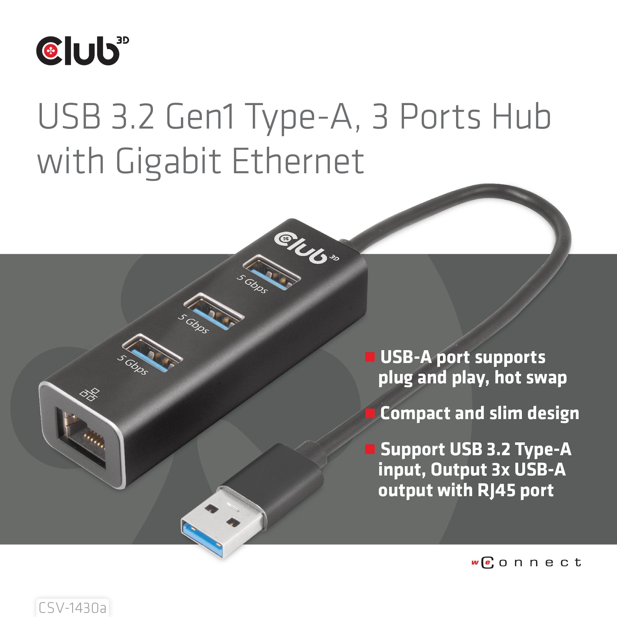 Club3d Usb 3.2 Gen1 Tipo-A, Hub De 3 Puertos Con Gigabit Ethernet