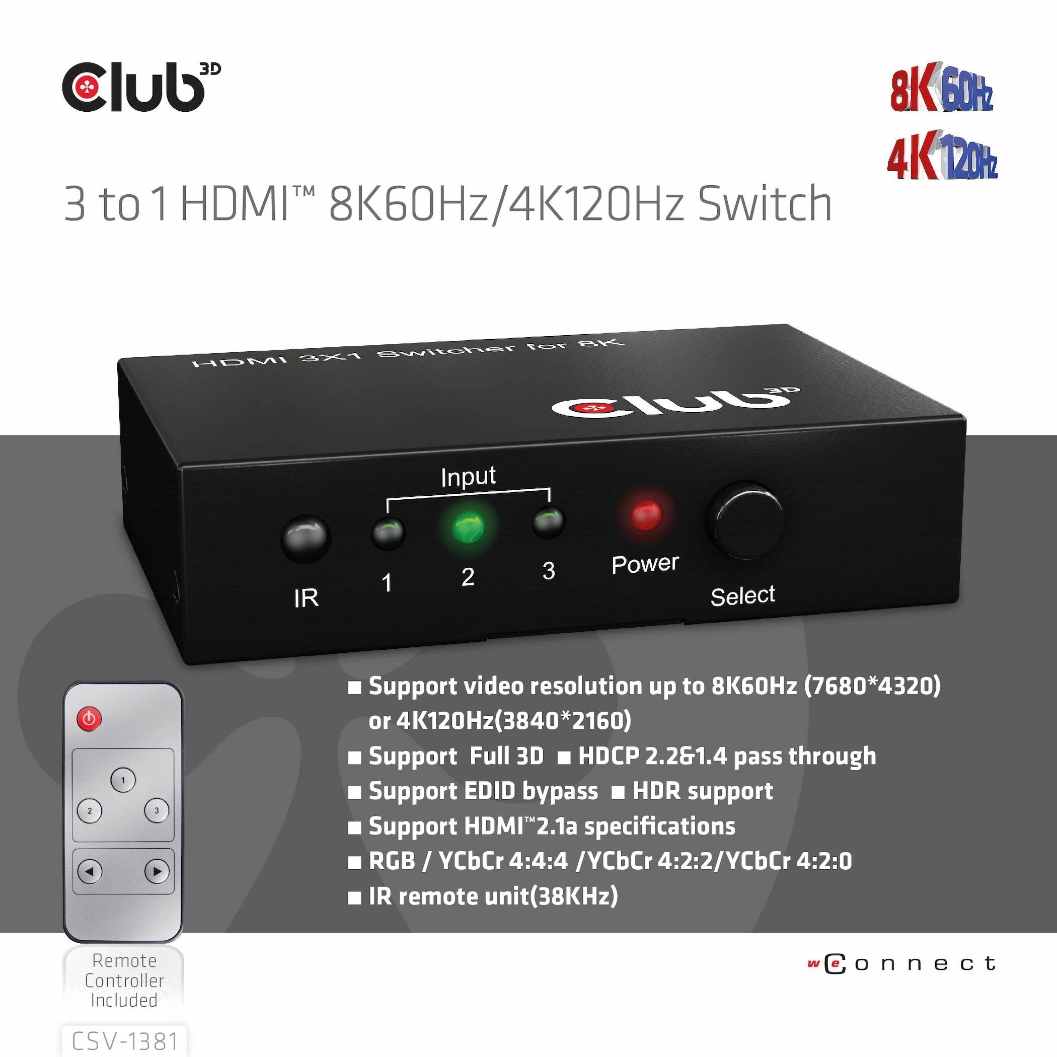 EAN 8719214472719 - CLUB3D 3 to 1 HDMI 8K60Hz Switch interruptor KVM Negro imagen 8