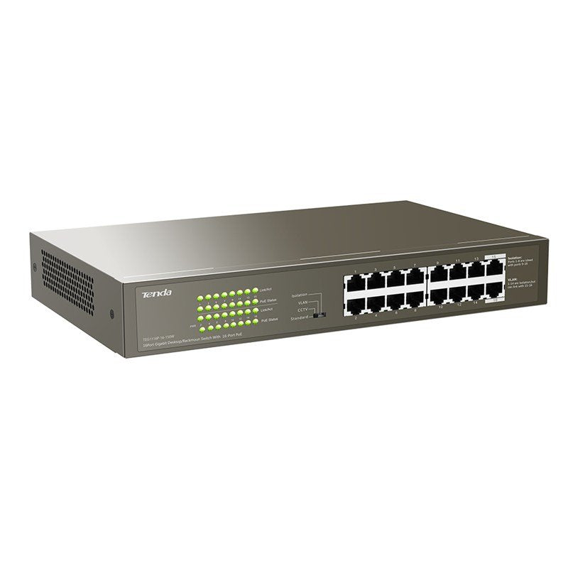 Switch Tenda Teg1116p-16-150w - 16 Puertos 10/100/1000 (Datos/Poe) - Alimentación Externa - Potencia Total Poe 135w - Enracable 1u