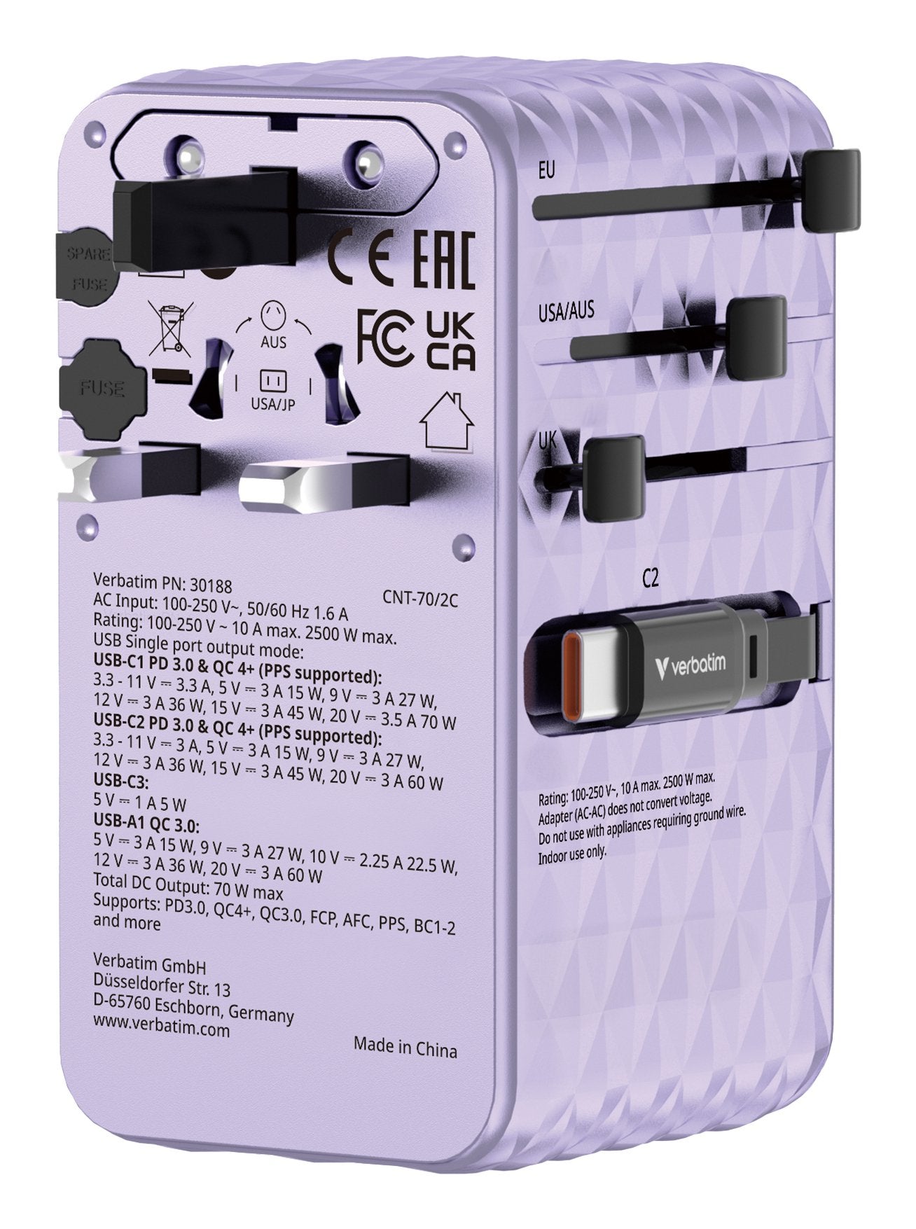 EAN 23942301882 - Verbatim Charge 'n' Travel 70W Universal Púrpura Corriente alterna Carga rápida Interior imagen 5
