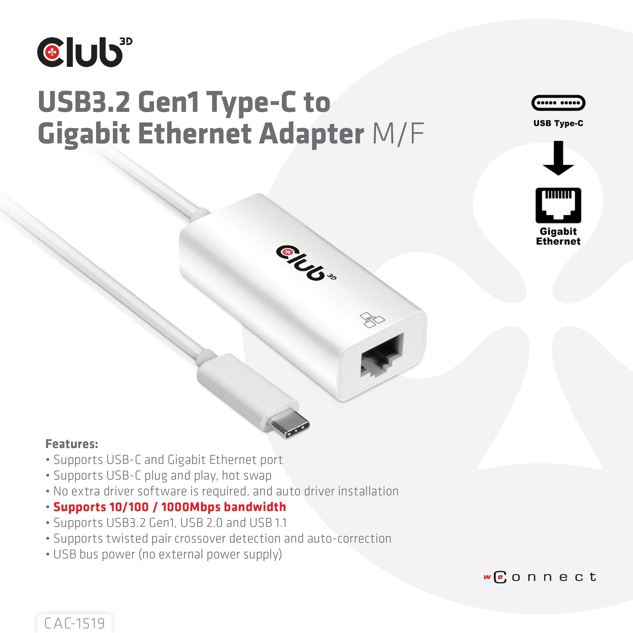 EAN 8719214471811 - CLUB3D CAC-1519 cambiador de género para cable USB-C RJ-45 Blanco imagen 3