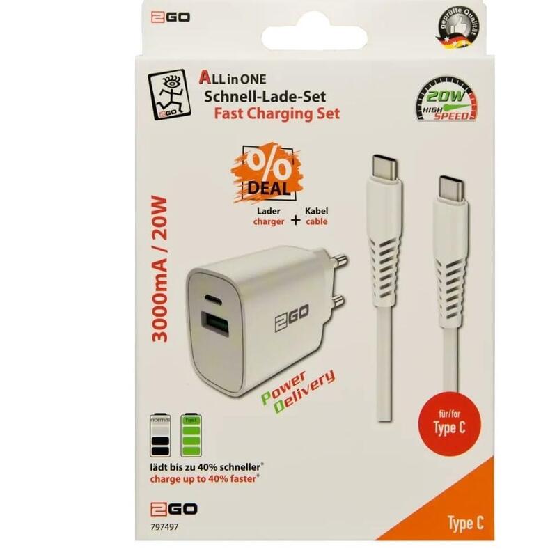 2go Cargador 20w 2-Port 1x Usb-C + 1x Usb-A + Usb-C Cable