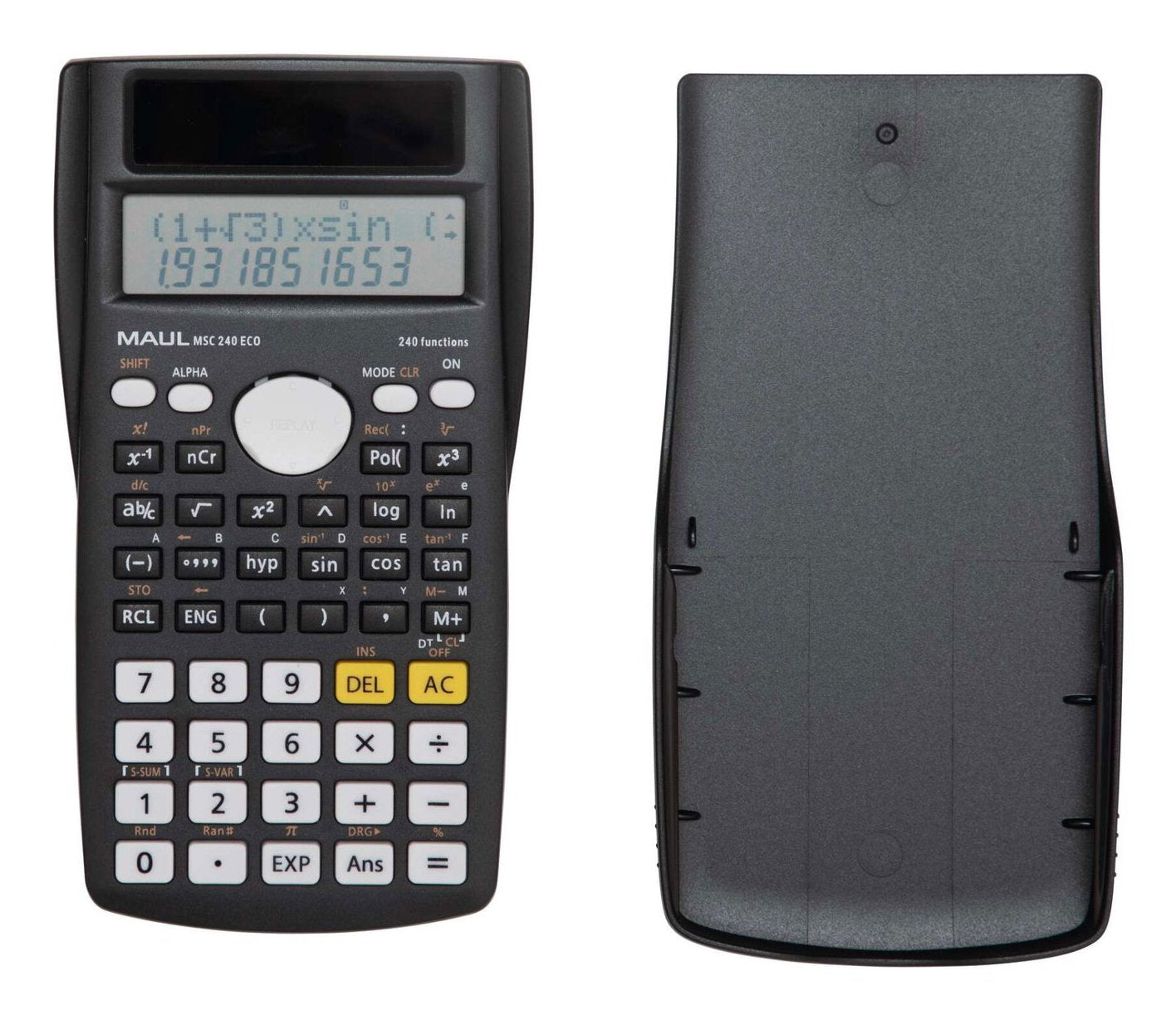 Maul Msc 240 Eco Calculadora De Escritorio Solar, Calculadora Científica Con Pantalla De Dos Líneas, 80% Plástico Reciclado, Negro, 16,1 X 8,5 X 2,1 Cm Para Oficina, Taller, Escuela