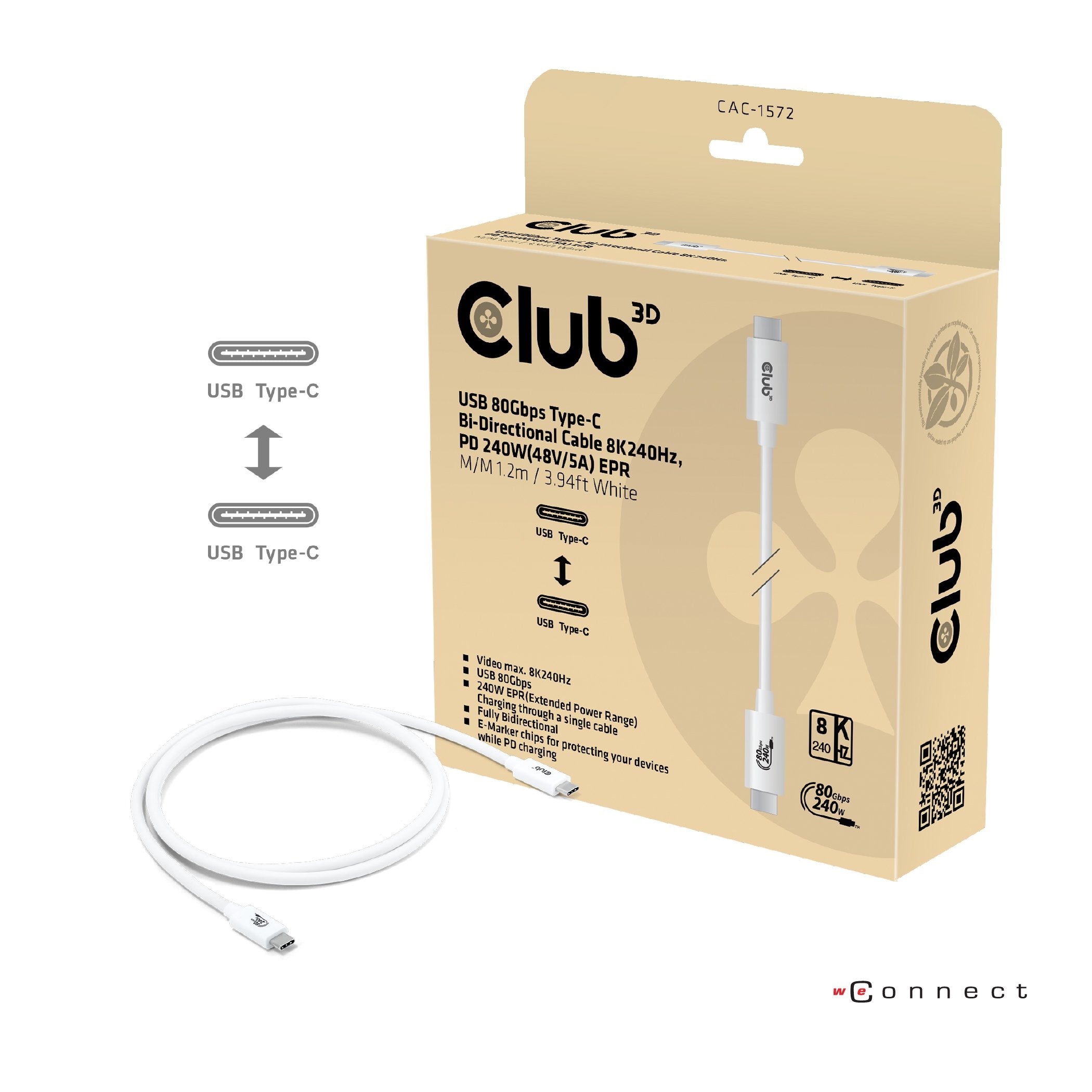 Club3d Cable Usb C Zertifi. Pd240w 8k240hz 80gbps 1,2m Blanco Retail